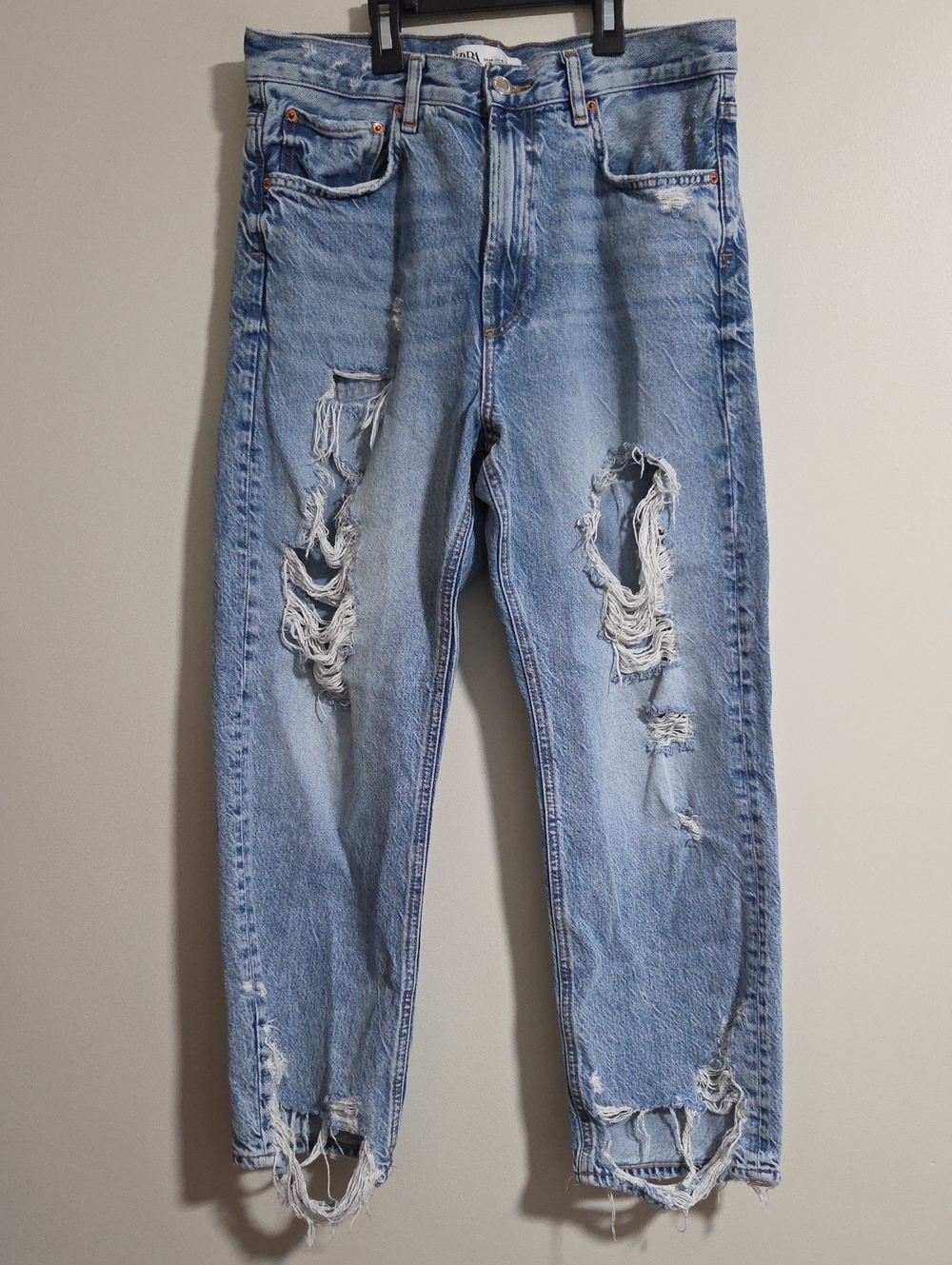 Zara Light Blue Distressed Slim Straight Jeans
